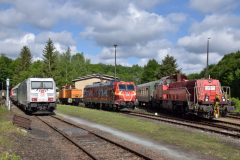 DB Cargo präsentierte sich mit den Lokomotiven 185 389-4, 185 077-5 sowie 265 009-1 als modernes und umweltfreundliches Güterverkehrsunternehmen. Foto: Ralph Mildner