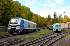 Die Lokomotive 159 234 der Gothaer Firma Railsystems RP GmbH pausierte am 18. Oktober 2022 auf der Anschlussbahn des Eisenbahnmuseums Schwarzenberg. Anlass des Besuchs waren Holztransporte im Erzgebirge. Foto: Axel Schlenkrich